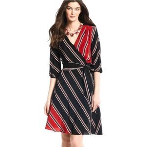 White House Black Market Red and Black Silk Faux Wrap Midi Dress Size 4